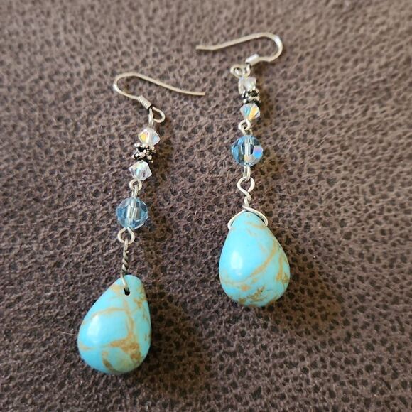 Turquoise and crystal dangle drop statement bohemian earrings - Picture 2 of 3